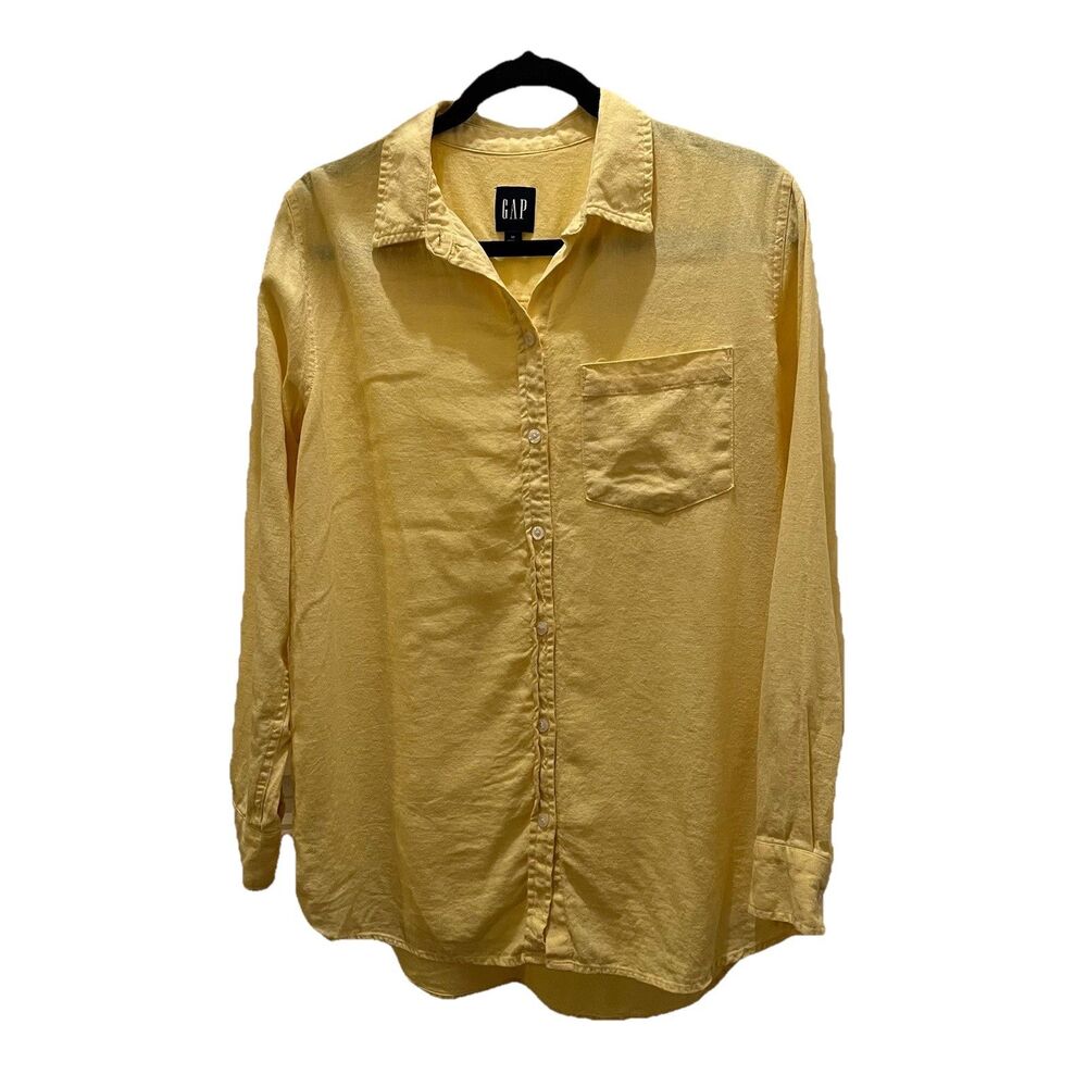 Vintage Gap Shirt Womens Size M Yellow Linen Blend Button Up Beach Coastal Y2K